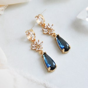 Something Blue Earrings, Boho Bridal Earrings, Woodland Wedding, CZ Leaf Earrings, Bridesmaids Earrings, Blue Teardrops,Blue Wedding Jewelry image 3
