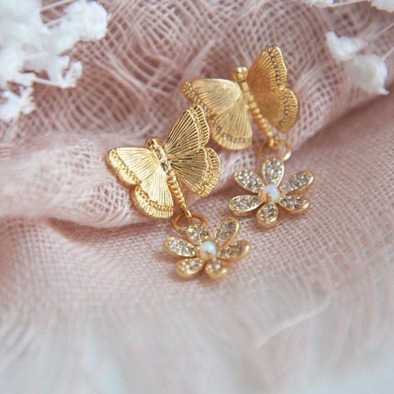 Gold Butterfly Earrings, Daisy Earrings, Opal Earrings, Flower Earrings, Whimsical Earrings, Botanical Earrings, Gift for Her, Mothers Day