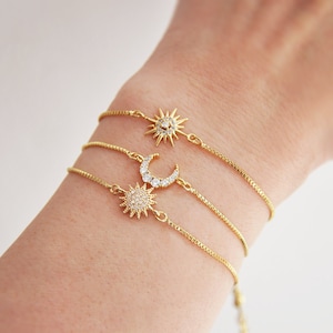 Celestial Bracelet Set, Gold Sun Bracelet, Gold Moon Bracelet, Gold Star Bracelet, Adjustable Bracelet, Box Chain Bracelet, Gifts for Her image 9