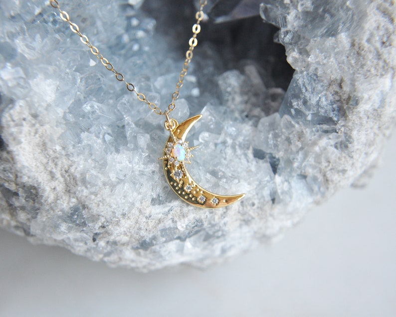 Moon Necklace, Crescent Moon Jewelry, Opal Star Necklace, Opal Moon Necklace, Star Moon Necklace,Celestial Necklace,Girlfriend Gift,For Her Starburst