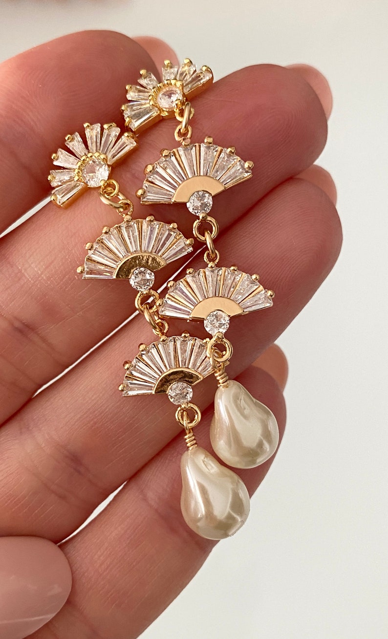 Art Deco Fan Earrings, Pearl Earrings, Long Drop Earrings, June Birthstone, Bridesmaids Earrings, Boho Wedding,Bridal Jewelry,Silver or Gold image 2