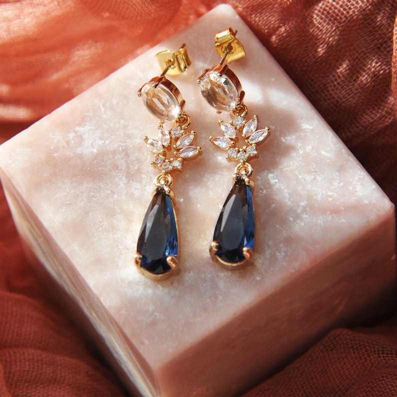 Something Blue Earrings, Boho Bridal Earrings, Woodland Wedding, CZ Leaf Earrings, Bridesmaids Earrings, Blue Teardrops,Blue Wedding Jewelry image 7