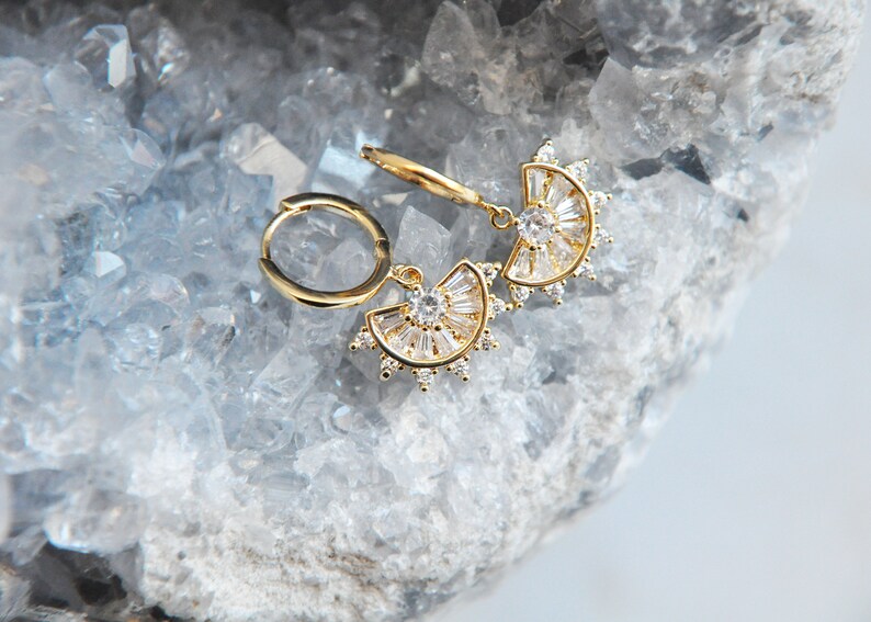 Small Gold Hoops Art Deco Earrings Gold Huggie Earrings Small Gold Earrings Huggie Cz Earrings Celestial Earrings CZ Hoop Earrings