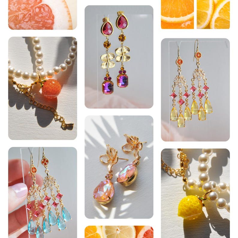May include: A collection of colorful, gemstone earrings and a pearl necklace with a gold chain. The earrings feature various designs, including floral accents and dangling crystals in shades of pink, yellow, and blue. The necklace has a gold chain and a round, orange pendant.