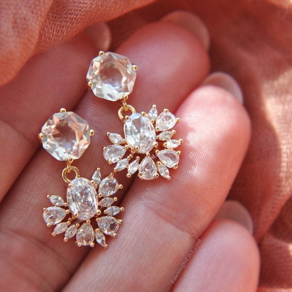 Crystal Earrings, Matching Jewelry Set, CZ Dangle Earrings, Floral Earrings, Wedding Earrings, Boho Bridal Earrings, Wedding Jewelry, Gift