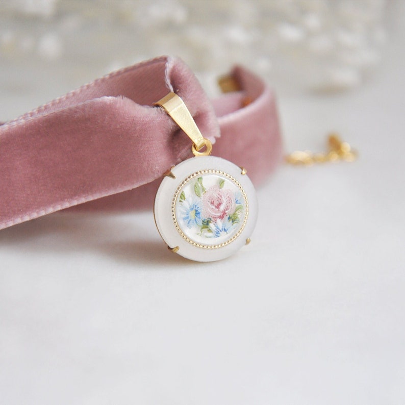 Pink Velvet Choker, Flower Choker, Boho Wedding, Hippie Necklace, Victorian Bohemian, Nature Necklace, Cameo Necklace, Whimsical Jewelry image 1