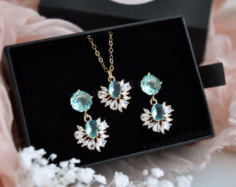 Pendientes "Something Blue", collar de flor azul, joyería floral para bodas, boda en el bosque, regalo para damas de honor, boda de primavera, estilo bohemio nupcial