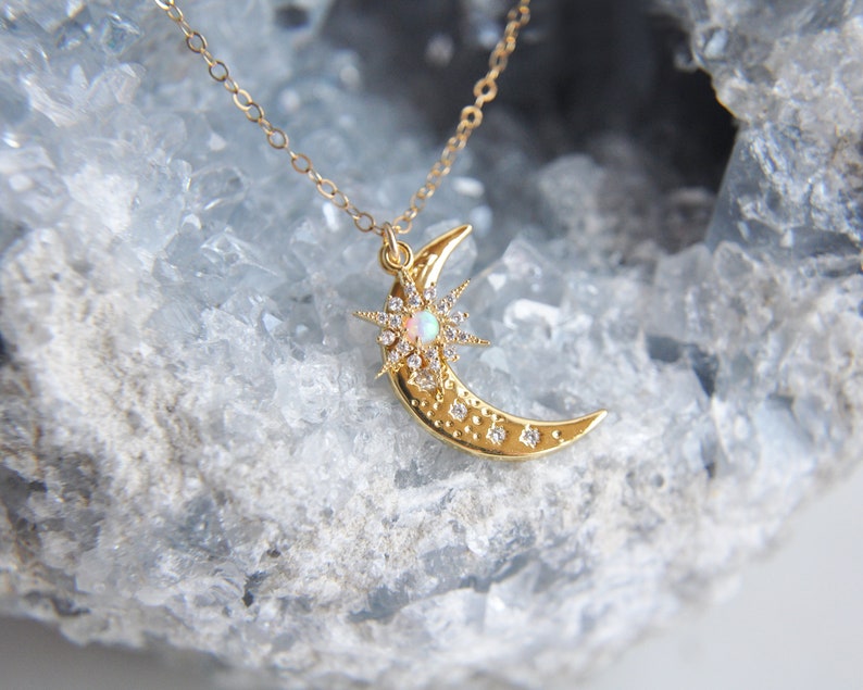 Moon Necklace, Crescent Moon Jewelry, Opal Star Necklace, Opal Moon Necklace, Star Moon Necklace,Celestial Necklace,Girlfriend Gift,For Her North Star