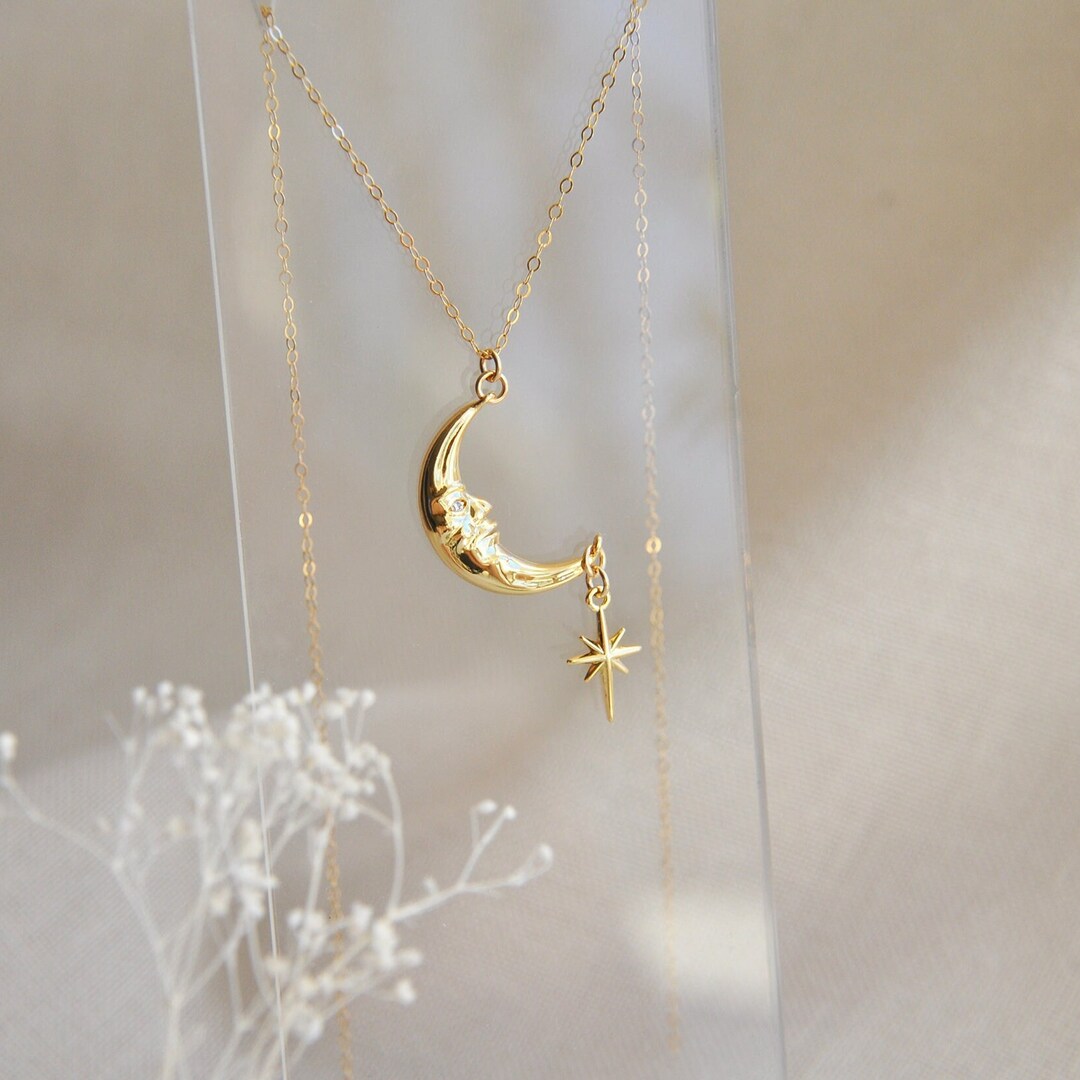 Gold Moon Necklace, Moon and Star Necklace, Layering Necklace ...