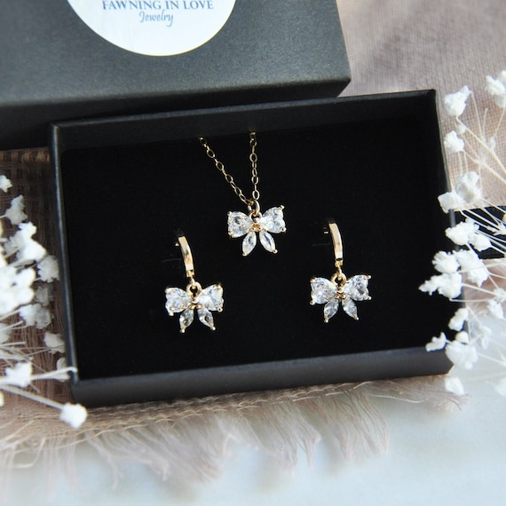 Bow Necklace, Bow Earrings, Gold Hoop Earrings, Jewelry Gift Set, Birthday Gift, Bridesmaids Gift, Thank you Gift, Gold Filled Necklace