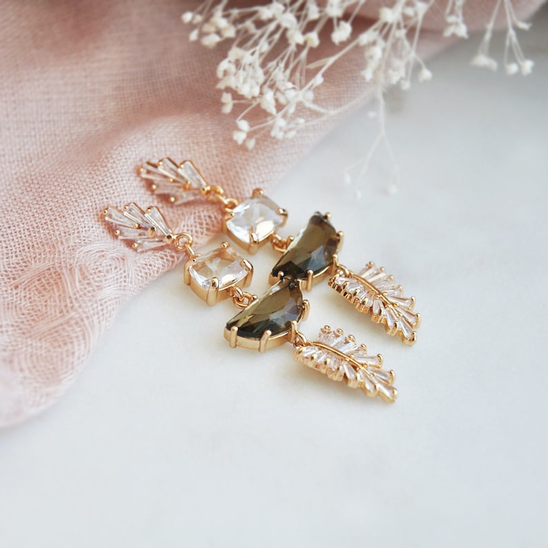 Art Deco Earrings, Boho Bridal Earrings, Statement Earrings, Woodland Wedding, Leaf Earrings, Gold CZ Fan Earrings, Wedding Earrings,For Her image 5