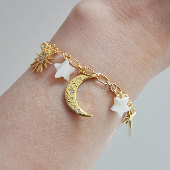 Gold Celestial Bracelet, Moon Bracelet, North Star Bracelet, Luna Bracelet, Sun Bracelet, Charm Bracelet, Birthday Gift, Mother Of Pearl
