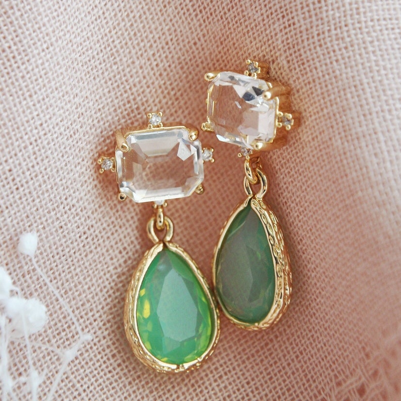 Green Earrings, Boho Bridal Earrings, Green drop Earrings, Geometric Earrings, Birthday Gift, Bridesmaids Earrings, Opalite Earrings, Unique image 2