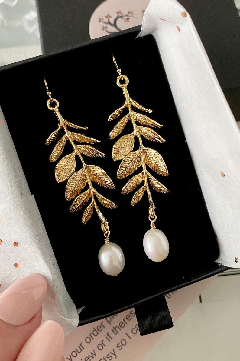 Pearl Earrings, Leaf Earrings, Boho Bridal Earrings, Long Drop Earrings, Statement Earrings, Woodland, Rustic Wedding, Bridesmaids Earrings image 8