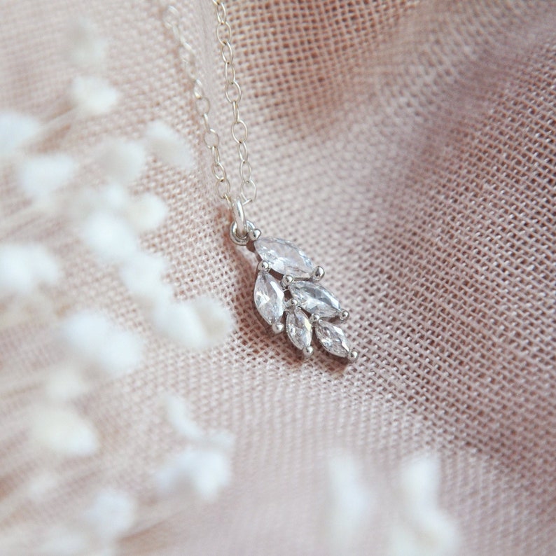 Dainty Leaf Necklace, Sterling Silver Necklace, Boho Bridal Necklace, Bohemian Wedding Jewelry, Bridesmaids Necklace, Woodland Wedding, CZ