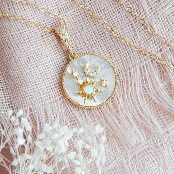 Sun Moon and Star Necklace Celestial Necklace Gold Filled Necklace Mother Of Pearl Necklace Birthstone Necklace Opal Star Necklace