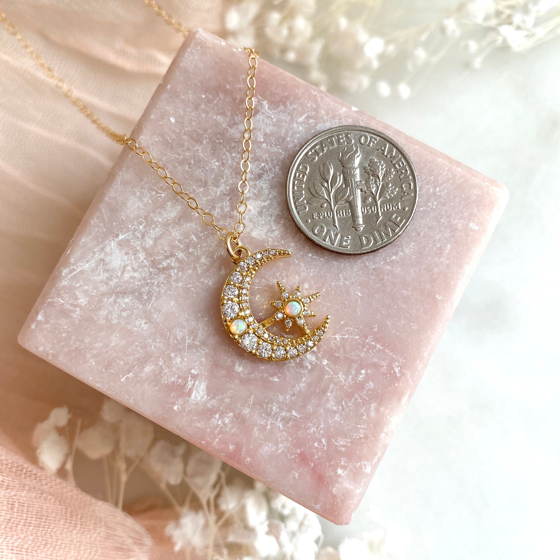 Celestial Opal Moon Necklace, Crescent Moon Necklace, Opal Star
