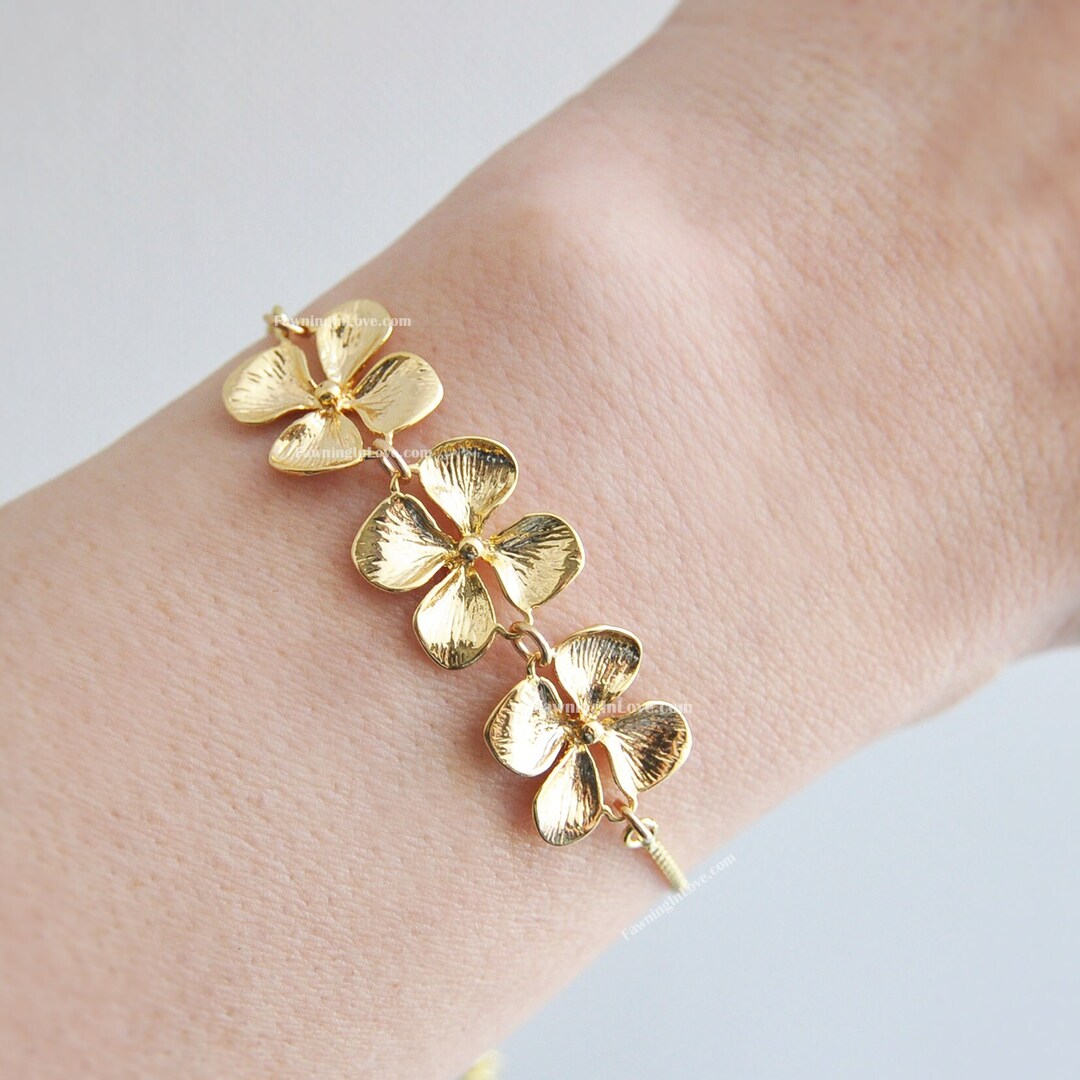 Gold Flower Bracelet, Floral Bracelet, Boho Bridal Jewelry, Adjustable ...
