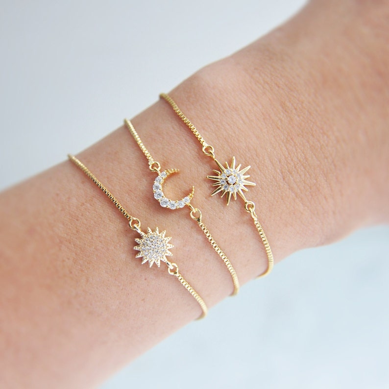 Celestial Bracelet Set, Gold Sun Bracelet, Gold Moon Bracelet, Gold Star Bracelet, Adjustable Bracelet, Box Chain Bracelet, Gifts for Her image 3