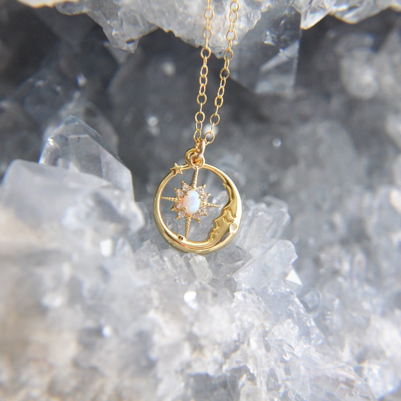 Opal Moon Necklace, Gold Moon Necklace, Celestial Jewelry, Starburst Necklace, Celestial Wedding, Star Necklace, Birthday Gift, Gift for Her image 8