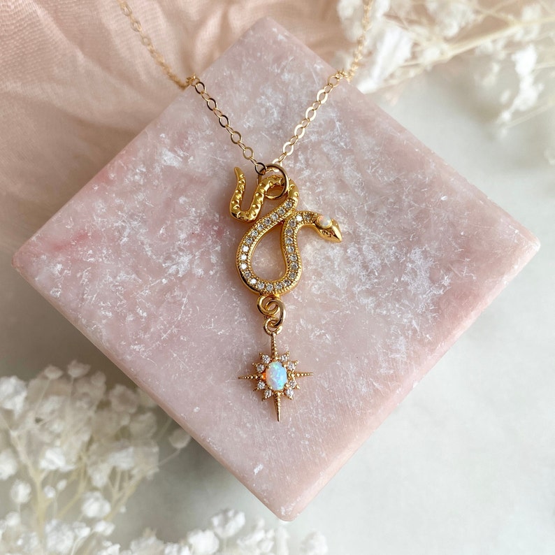 Opal Snake Necklace, Opal Star Necklace, Celestial Necklace, Snake Jewelry, Opal Jewelry, Dainty Necklace, Gold Filled Necklace, Serpent image 5