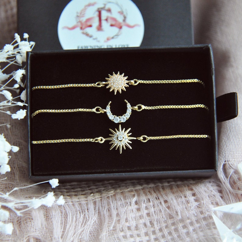 Celestial Bracelet Set, Gold Sun Bracelet, Gold Moon Bracelet, Gold Star Bracelet, Adjustable Bracelet, Box Chain Bracelet, Gifts for Her Gift boxed together