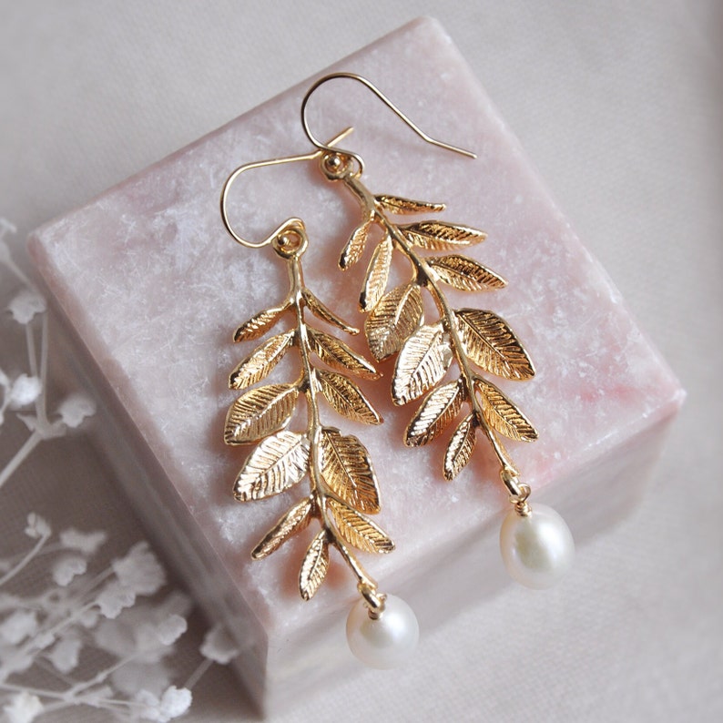 Pearl Earrings, Leaf Earrings, Boho Bridal Earrings, Long Drop Earrings, Statement Earrings, Woodland, Rustic Wedding, Bridesmaids Earrings image 7