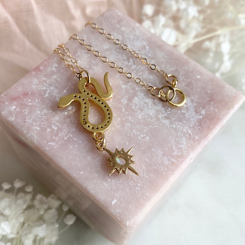 Opal Snake Necklace, Opal Star Necklace, Celestial Necklace, Snake Jewelry, Opal Jewelry, Dainty Necklace, Gold Filled Necklace, Serpent image 6