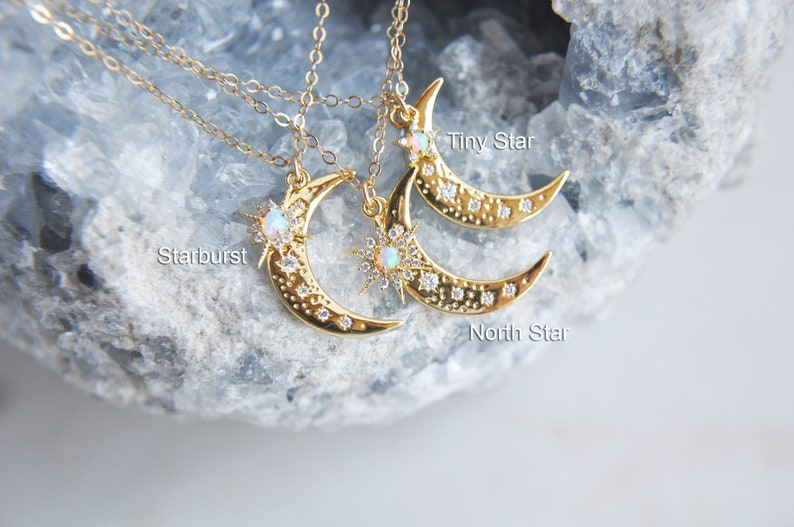 Moon Necklace, Crescent Moon Jewelry, Opal Star Necklace, Opal Moon Necklace, Star Moon Necklace,Celestial Necklace,Girlfriend Gift,For Her image 9