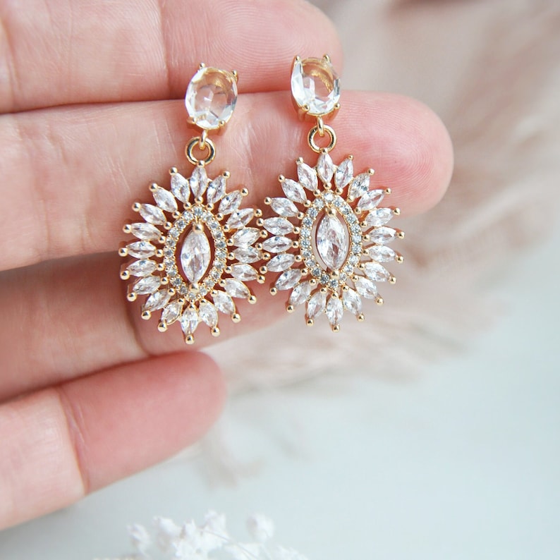 Boho Bridal Earrings, Bohemian Wedding Jewelry, Bridesmaids Earrings, Oval Earrings, Gold CZ Earrings, April Birthstone, Mothers Day Gift image 8