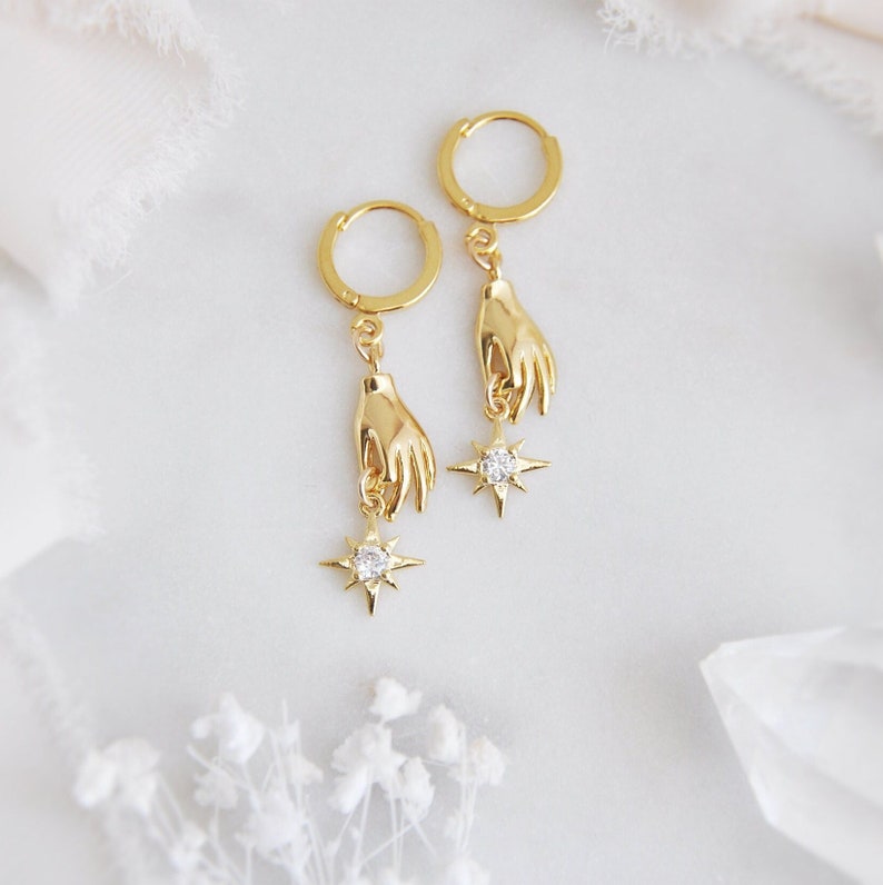 North Star Earrings, Gold Hand Earrings, Celestial Earrings, Hoop Earrings, Huggie Earrings, Birthday Gift, Best Friend Gift,Graduation Gift image 1