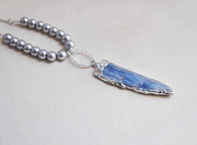 Pearl Necklace Stone Necklace Kyanite Blade Blue Kyanite,Silver Kyanite Necklace,Boho Chic Necklace,Blue Stone Necklace Kyanite Necklace