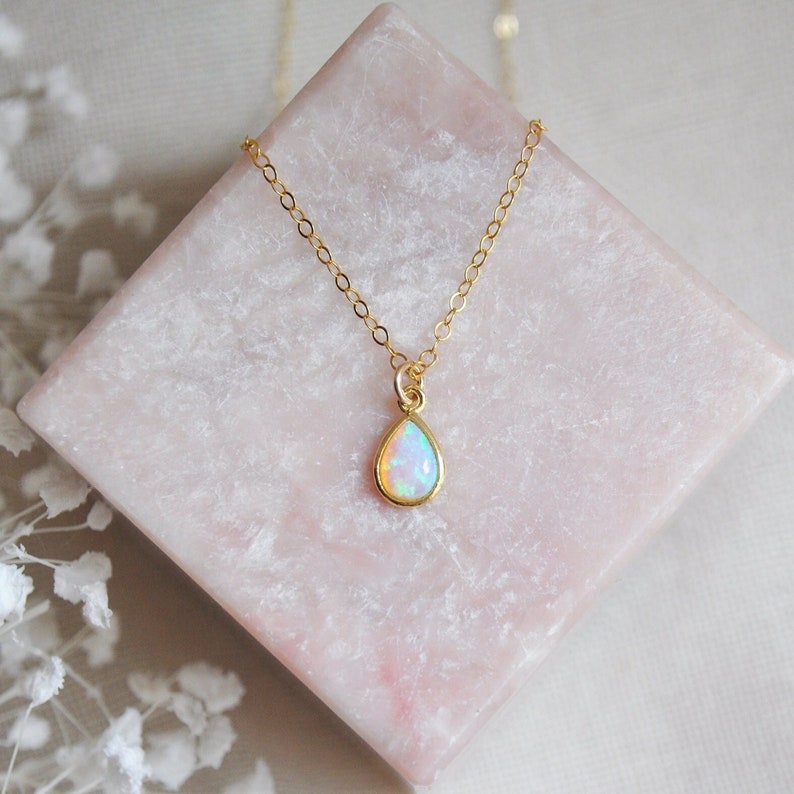 Tiny Opal Necklace, Opal Teardrop Necklace, Gold Filled Necklace, October Birthstone, Birthday Day Gift, Dainty Necklace, Delicate Necklace image 1