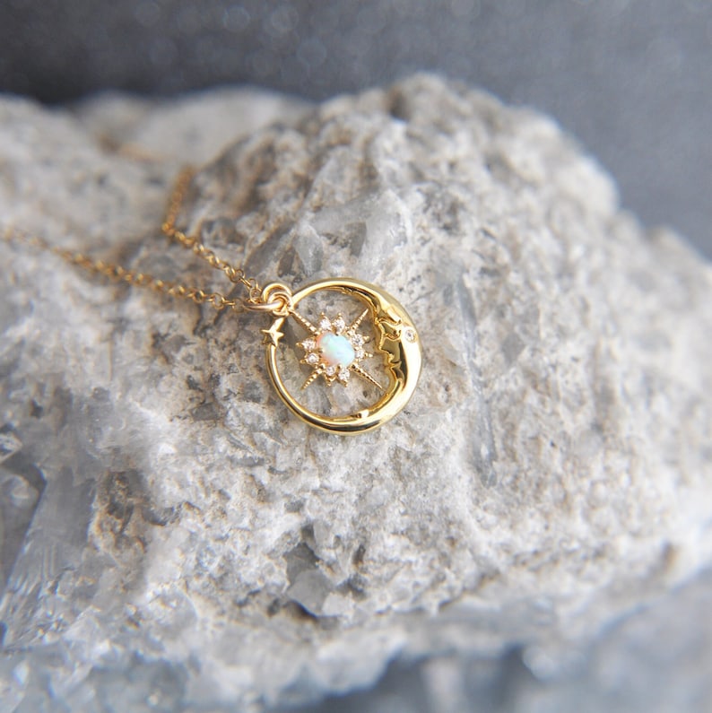 Opal Moon Necklace, Gold Moon Necklace, Celestial Jewelry, Starburst Necklace, Celestial Wedding, Star Necklace, Birthday Gift, Gift for Her image 3