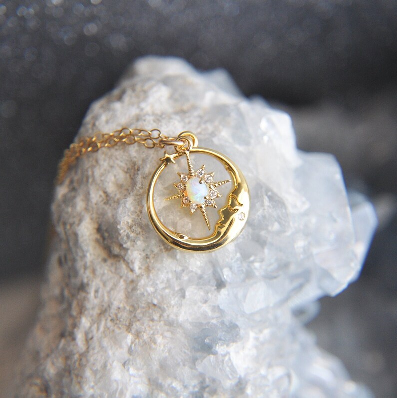 Opal Moon Necklace, Gold Moon Necklace, Celestial Jewelry, Starburst Necklace, Celestial Wedding, Star Necklace, Birthday Gift, Gift for Her image 2