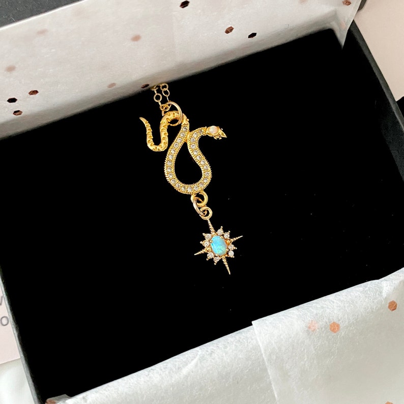 Opal Snake Necklace, Opal Star Necklace, Celestial Necklace, Snake Jewelry, Opal Jewelry, Dainty Necklace, Gold Filled Necklace, Serpent image 10