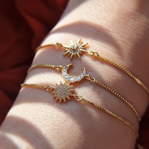 Celestial Bracelet Set, Gold Sun Bracelet, Gold Moon Bracelet, Gold Star Bracelet, Adjustable Bracelet, Box Chain Bracelet, Gifts for Her image 2
