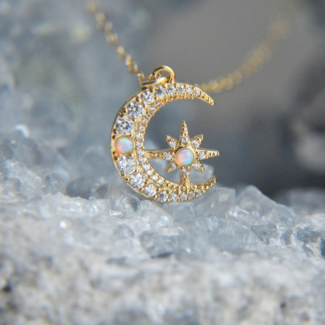Celestial Opal Moon Necklace Crescent Moon Necklace Opal Star Necklace Dainty Opal Jewelry Birthday Gift for Her October Birthstone Etsy Canada