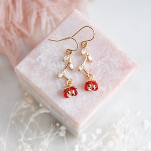 Red Flower Earrings, Floral Earrings, Boho Bridal Earrings, Bridesmaids Gift, Leaf Earrings, Botanical Earrings, Gold Filled Earrings, Mom