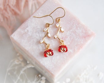 Red Flower Earrings, Floral Earrings, Boho Bridal Earrings, Bridesmaids Gift, Leaf Earrings, Botanical Earrings, Gold Filled Earrings, Mom