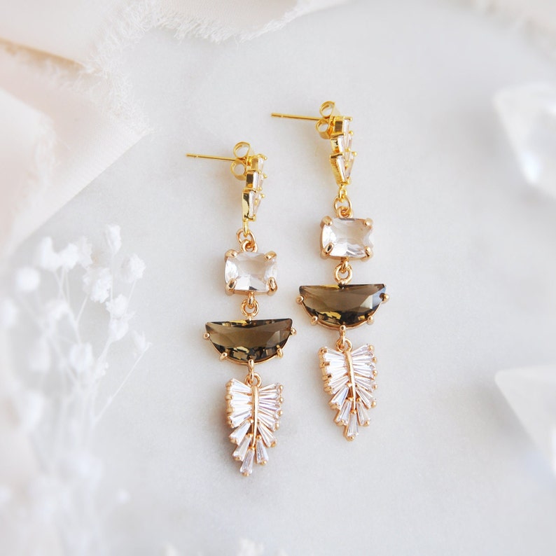 Art Deco Earrings, Boho Bridal Earrings, Statement Earrings, Woodland Wedding, Leaf Earrings, Gold CZ Fan Earrings, Wedding Earrings,For Her image 9