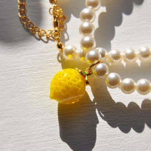 Lemon Necklace, Lemon Earrings, Pearl Necklace, Summer Necklace, Fruit Charm Necklace, Layering Necklace, Adjustable Necklace, Gift Set
