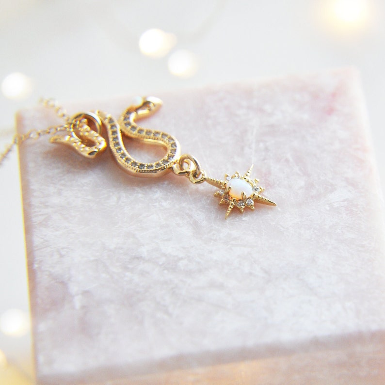 Opal Snake Necklace, Opal Star Necklace, Celestial Necklace, Snake Jewelry, Opal Jewelry, Dainty Necklace, Gold Filled Necklace, Serpent image 8