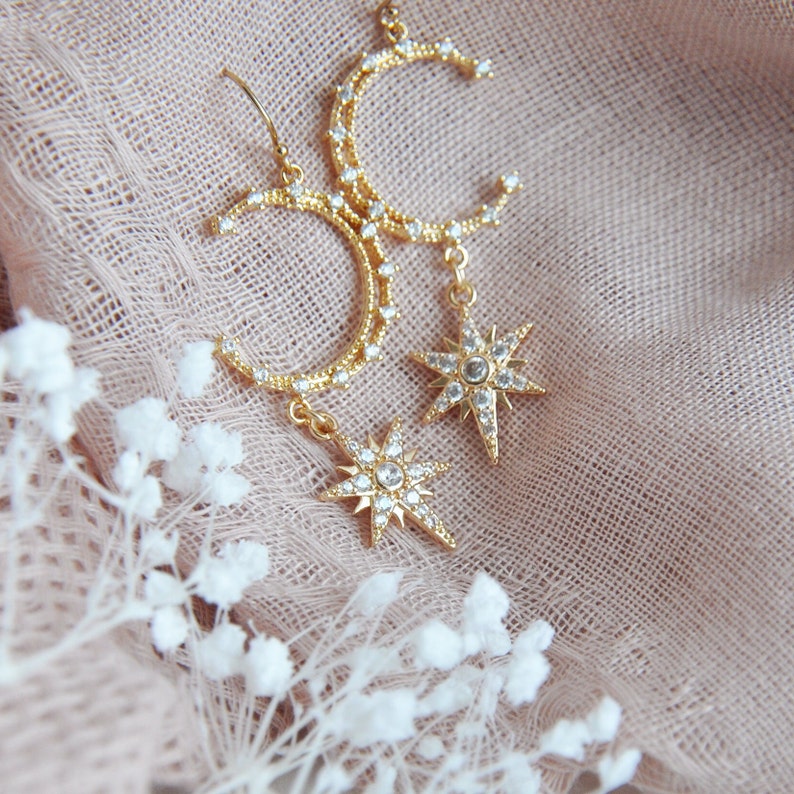 Moon and Star Earrings, Celestial Wedding Earrings, Boho Bridal Earrings, Statement Earring, Bridesmaids Earrings, Birthday Gift for Her bild 7