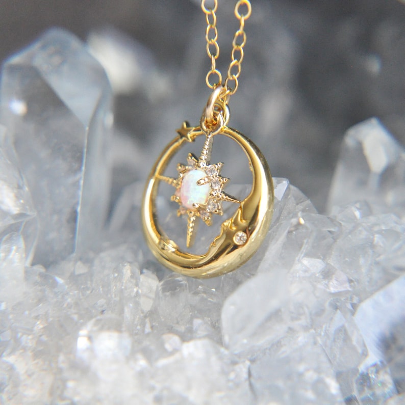 Opal Moon Necklace, Gold Moon Necklace, Celestial Jewelry, Starburst Necklace, Celestial Wedding, Star Necklace, Birthday Gift, Gift for Her image 9