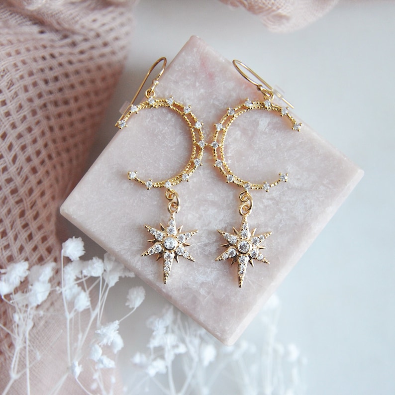 Moon and Star Earrings, Celestial Wedding Earrings, Boho Bridal Earrings, Statement Earring, Bridesmaids Earrings, Birthday Gift for Her bild 3