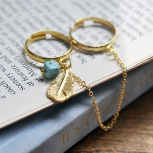 Gold Feather Ring - Double Ring - Chain Linked Ring - Native - Tribal - Bohemian - Indie - minimalist - Double Chain Ring - Turquoise