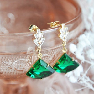 Emerald Green Art Deco Earrings, Fan Earrings, Vintage Bridal Earrings, Bridesmaids Earrings, May Birthstone, Birthday Gift, Montana Blue image 4