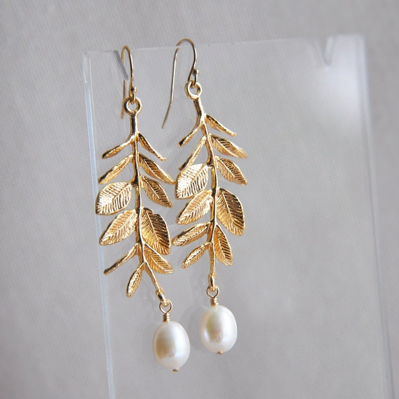 Pearl Earrings, Leaf Earrings, Boho Bridal Earrings, Long Drop Earrings, Statement Earrings, Woodland, Rustic Wedding, Bridesmaids Earrings image 1