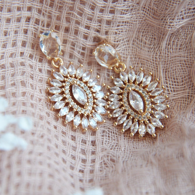 Boho Bridal Earrings, Bohemian Wedding Jewelry, Bridesmaids Earrings, Oval Earrings, Gold CZ Earrings, April Birthstone, Mothers Day Gift image 3